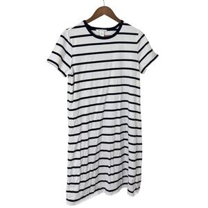 Athleta T-Shirt Dress Womens Medium White Navy Blue Striped S/S Preppy Cotton